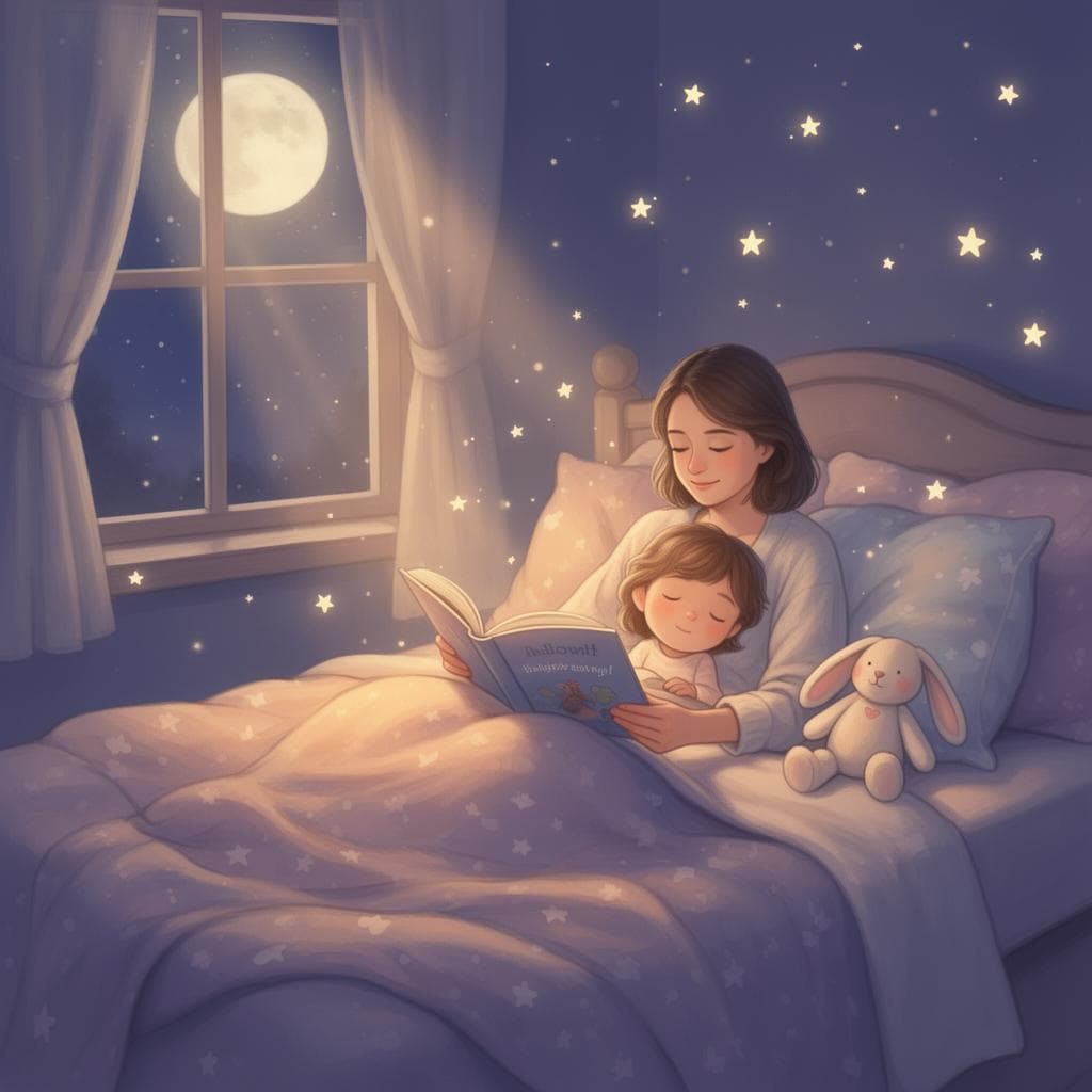 A parent reading a glowing storybook to their child in a cozy moonlit bedroom