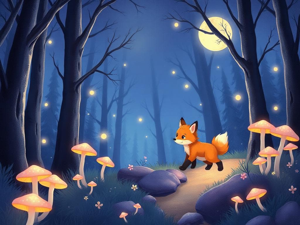 Luna the Brave Fox exploring a glowing moonlit forest